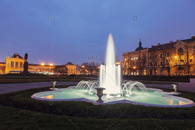 Illuminated fountain at night, Zagreb