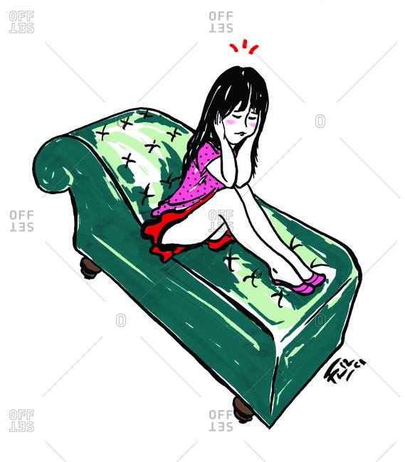 Distressed woman on therapy couch