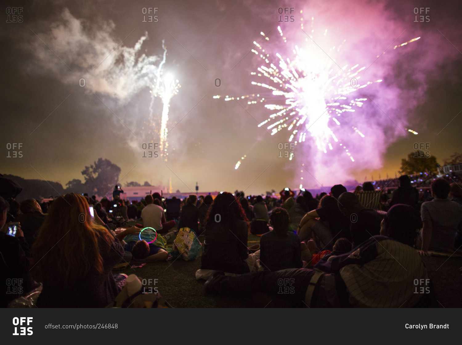 Fireworks display over a crowd in park