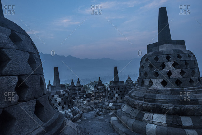 Stupas at dawn in Borobudur, Indonesia