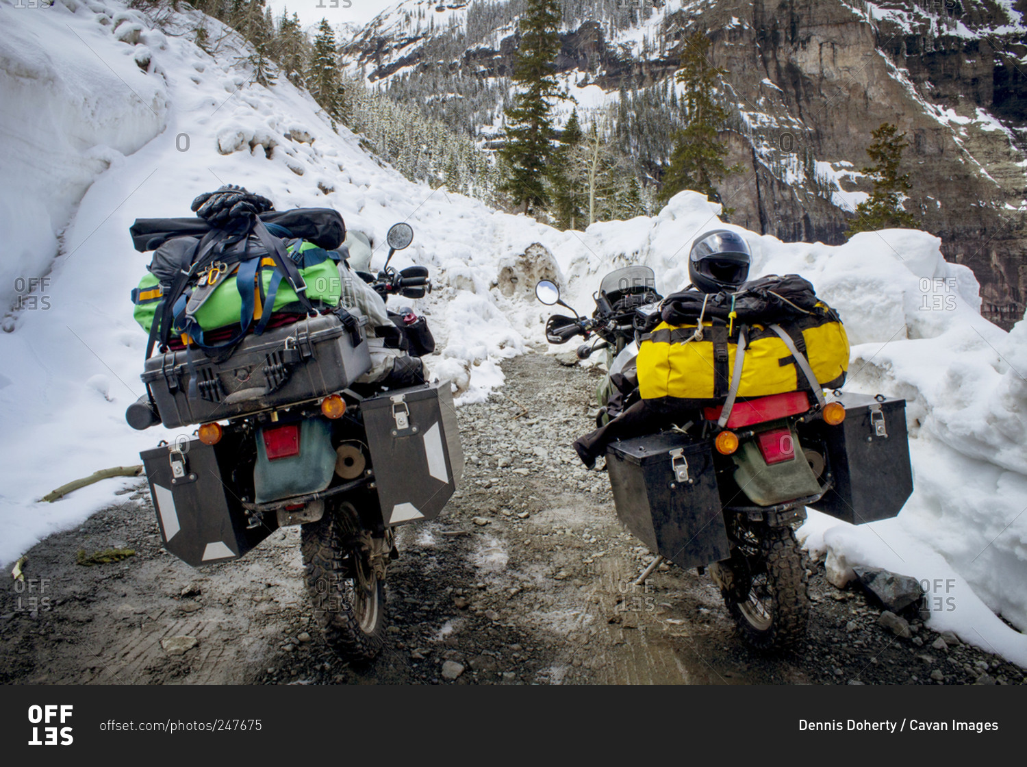 Motorcycles packed with travel gear in winter