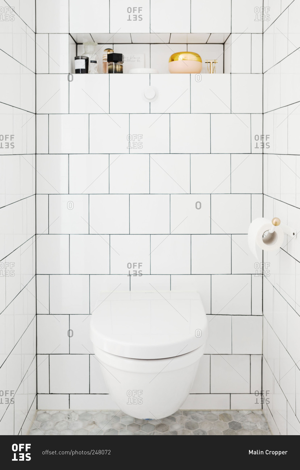 A white tile bathroom - Offset stock photo - OFFSET