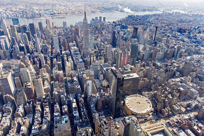 Aerial View Of Midtown Manhattan Showing Madison Square Garden And The Empire State Building Stock Photo Offset