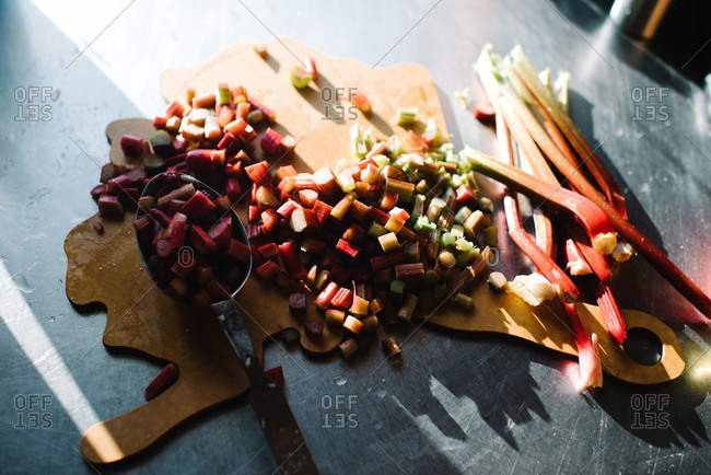 Chopped rhubarb on a cutting board