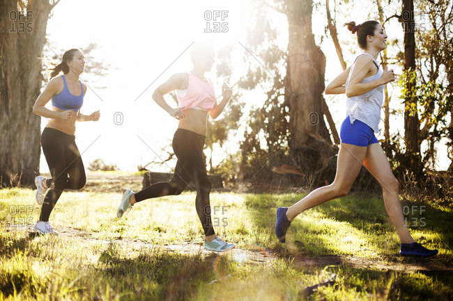 Two Sporty Women Jogging In A Park Wearing Sports Bras Stock Photo, Picture  and Royalty Free Image. Image 25748372.