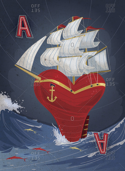 Ace playing card with a ship in the shape of heart