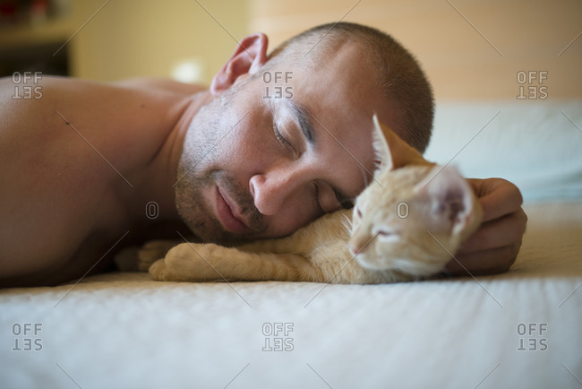 Man and kitten lying on bed, close-up