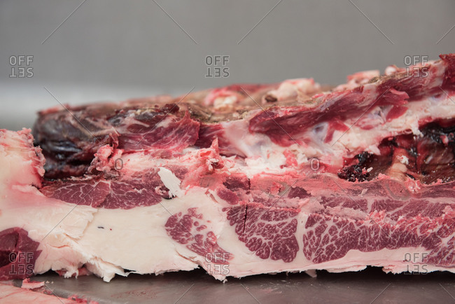 Close up of raw meat at a butcher shop