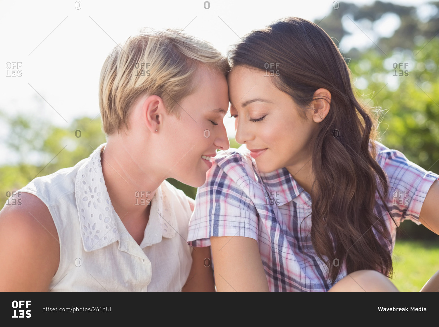 Lesbian Couple Giving Head To Head Sitting In The Park Stock Photo OFFS