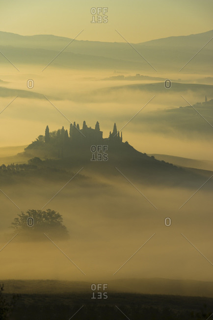 View of Val d'Orcia in the morn in the fog