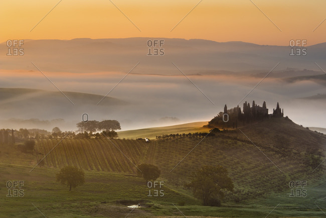 View of Val d'Orcia at dawn in the mist