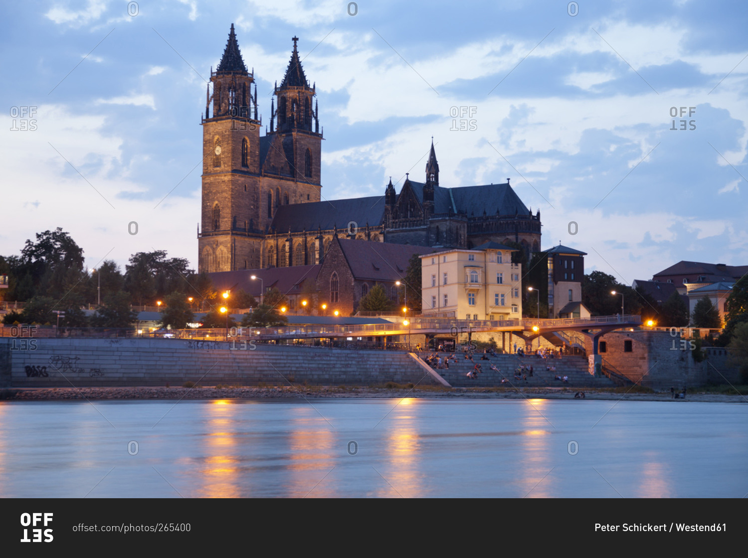 Banks of the Elbe and the Cathedral of Magdeburg at dusk, Magdeburg