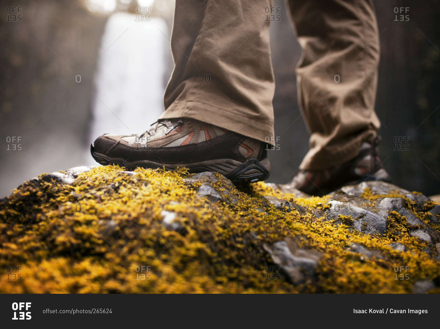 Hiking shoes on moss covered rocks in Oregon