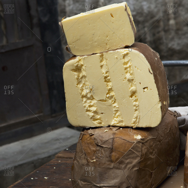 Large pieces of cheese cut and piled, Lhasa, Xizang ,China
