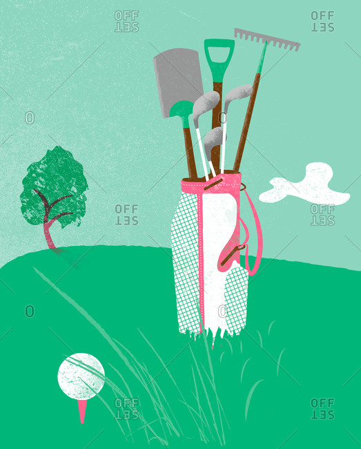 An illustration of golf bag on green with garden tools inside