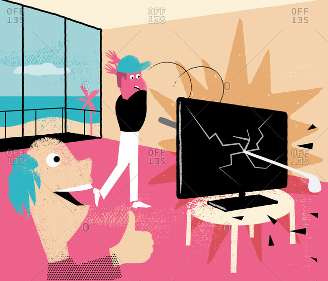 An illustration of a man hitting a television with a golf club