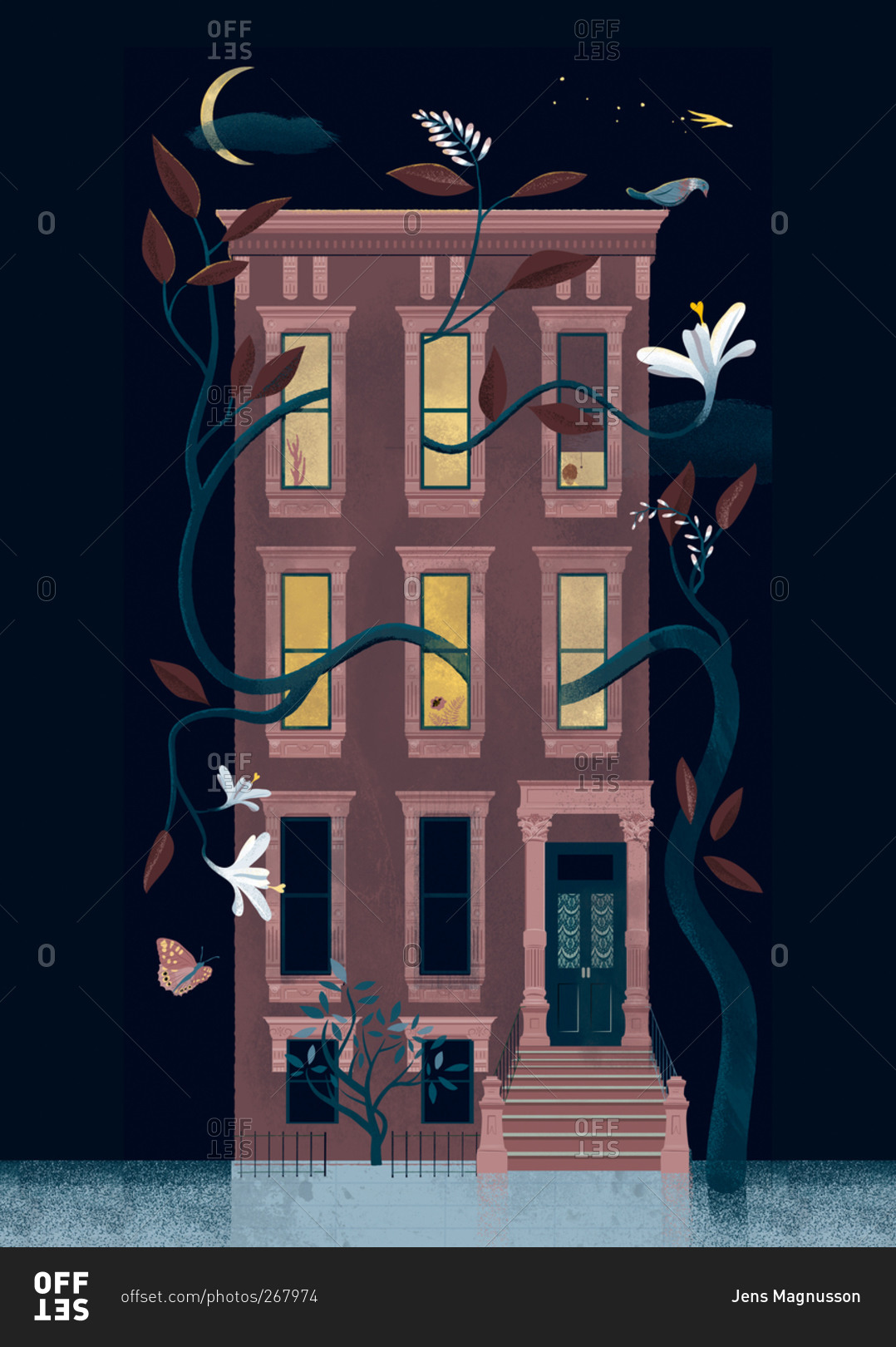 An illustration of a town house with plant growing over of it