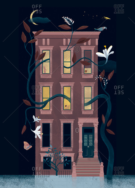 An illustration of a town house with plant growing over of it