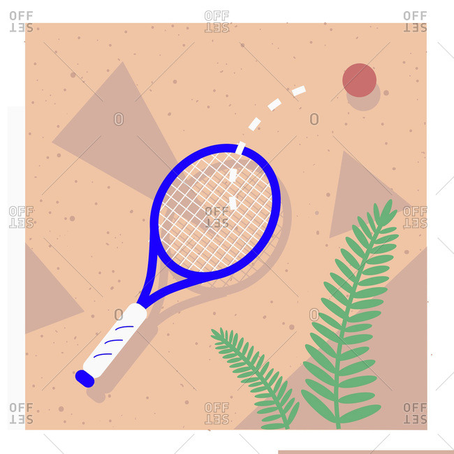 Ball bouncing off tennis racket on pink background with fern leaf