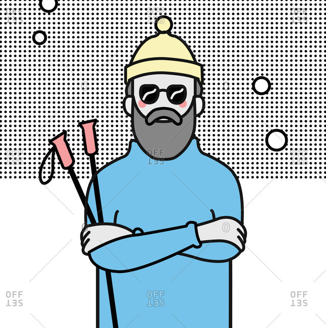 Bearded man with sunglasses and hat holding ski poles in snowy scene