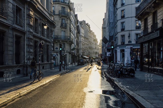 Paris City Street At Sunset Stock Photo Offset