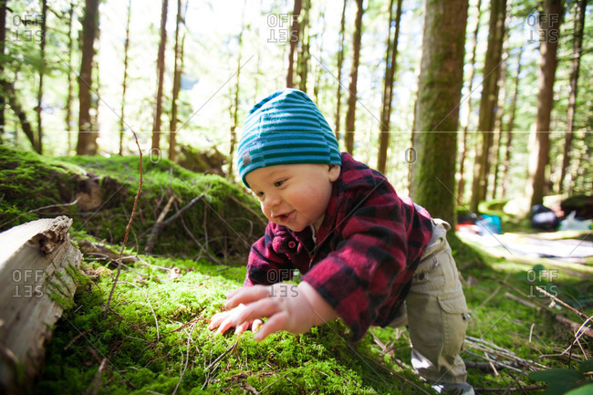 A young boy happily crawls over a moss covered forest floor