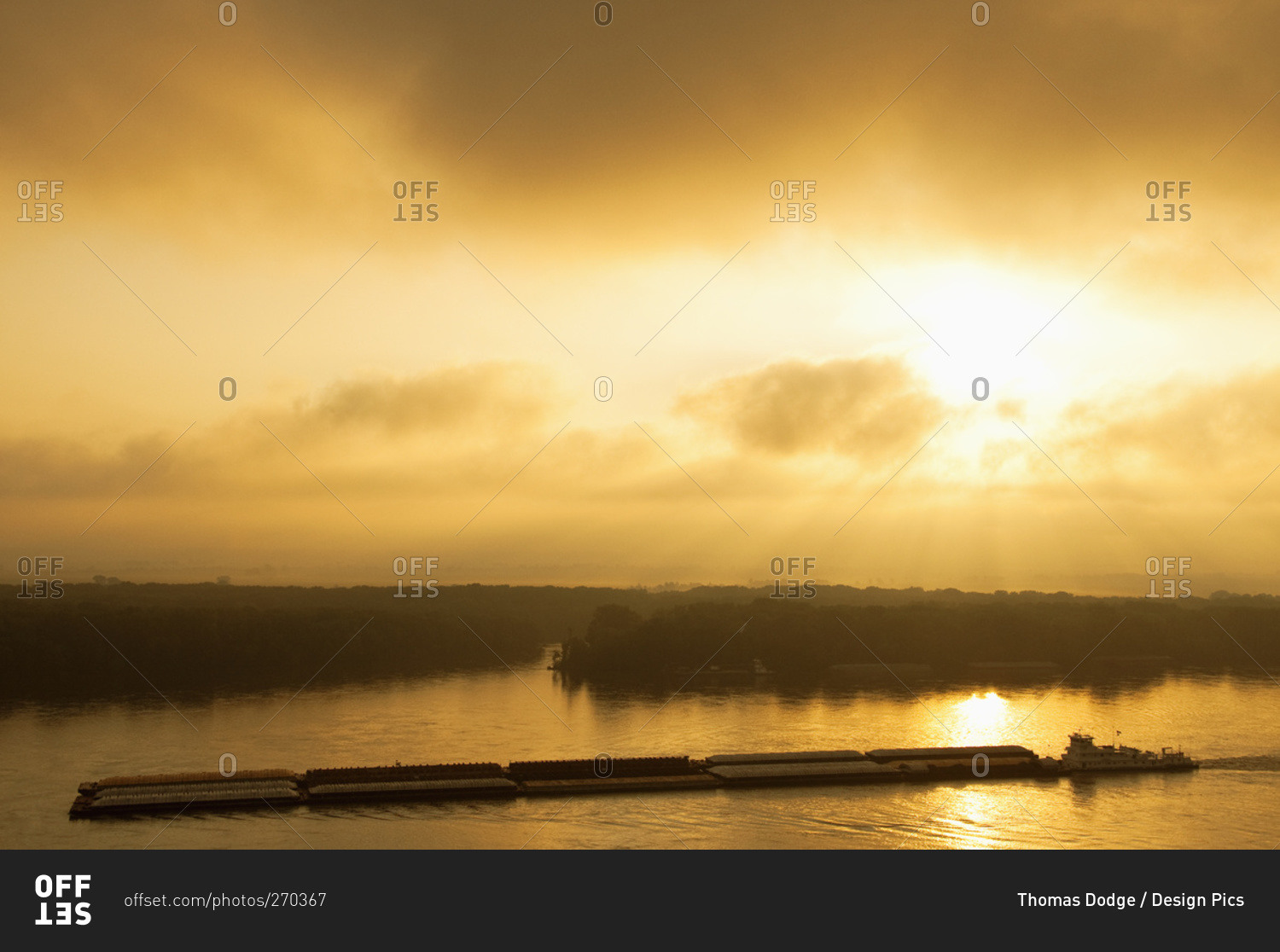 Grain barge navigating the Mississippi River in early morning light, near Hannibal, Missouri, USA