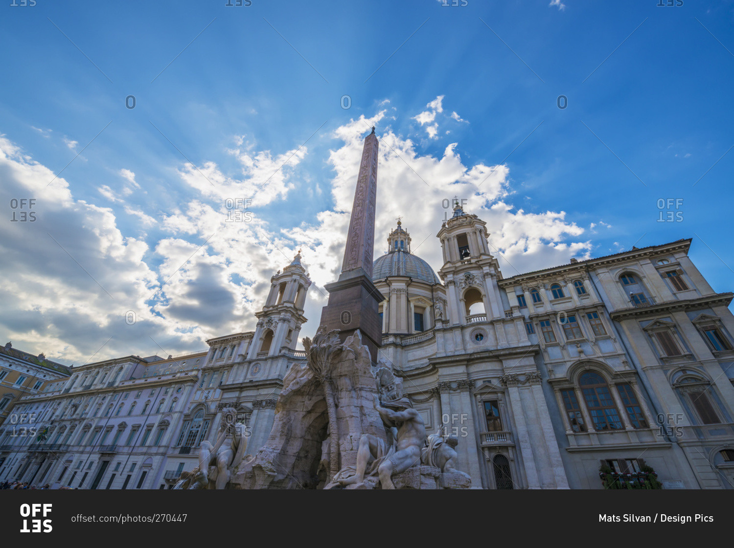 Obelisk, fountain and church in Piazza Navona, Rome, Lazio, Italy