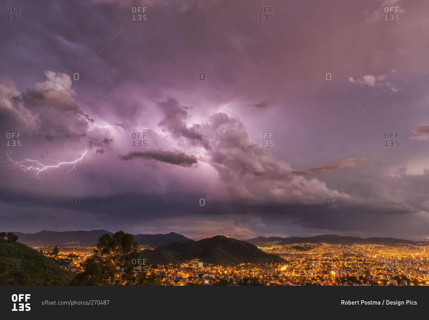 Lightning in the night skies above the city of Cochabamba, Cochabamba, Bolivia