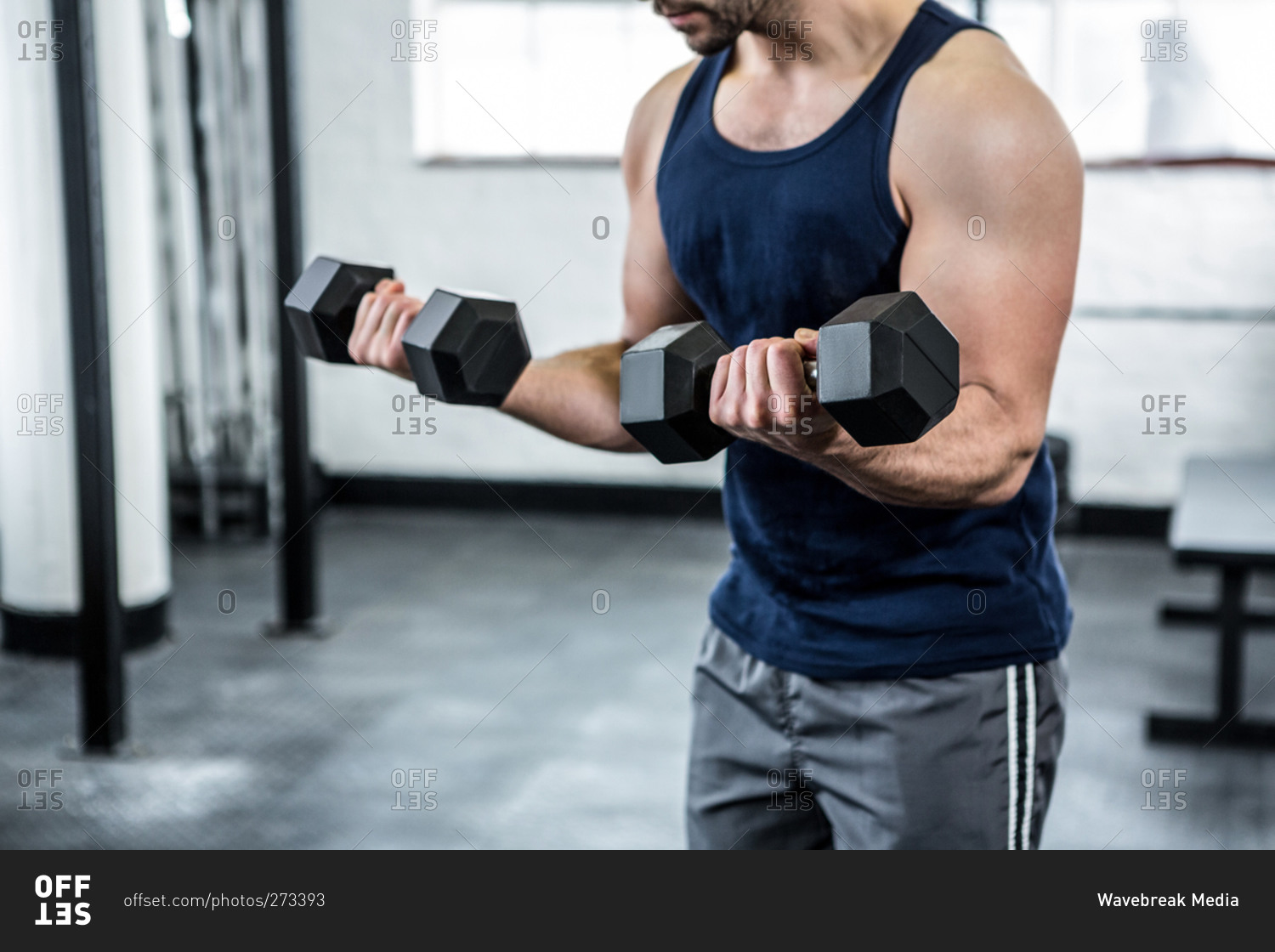 Heavy dumbbells being lifted by a fit man in a gym