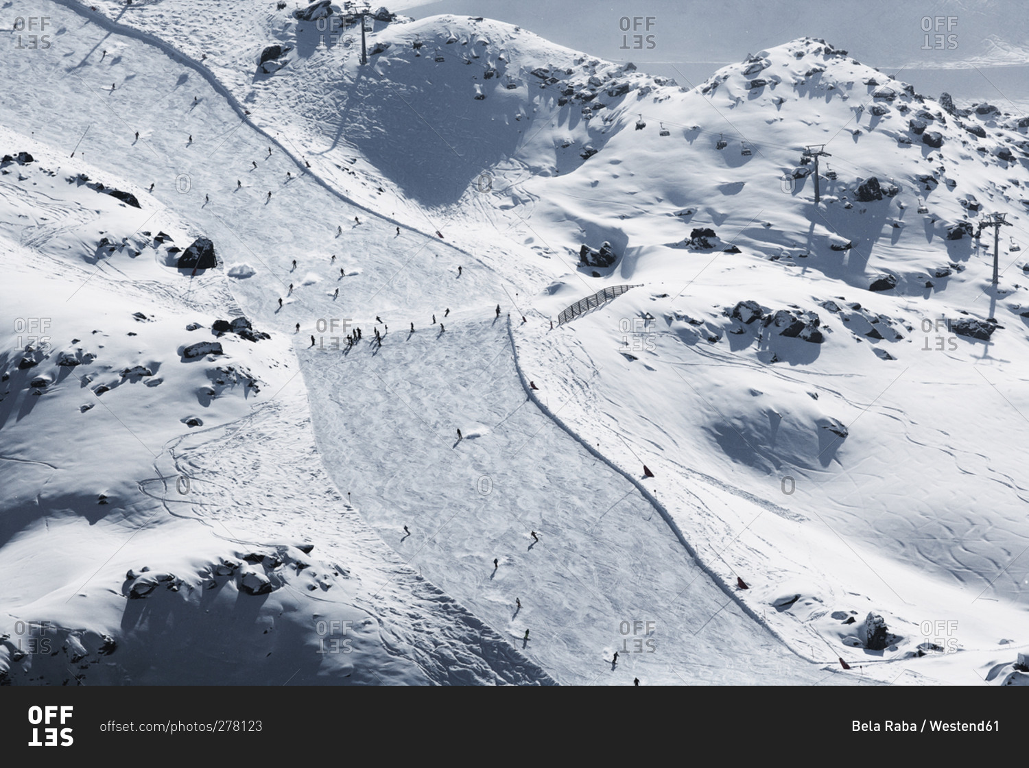 Skiers on slope in winter landscape, Ischgl, Tyrol