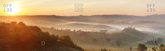 Farm house Belvedere at sunrise, near San Quirico, Val d'Orcia (Orcia Valley), UNESCO World Heritage Site, Siena Province, Tuscany, Italy