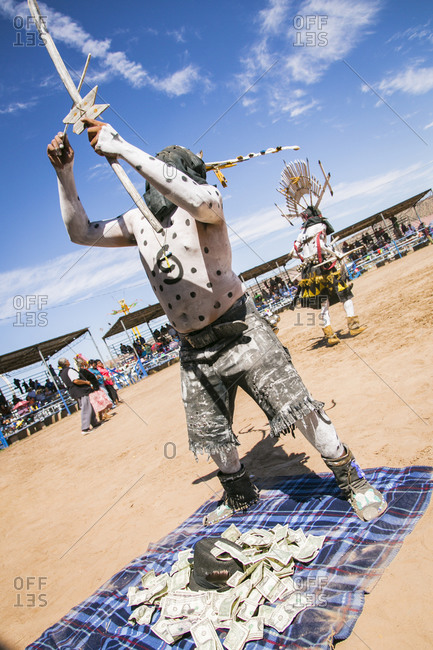 Window Rock, AZ, USA - September 9, 2015: White Mountain Apache Crown Dancers embody the mountain spirits and dance for protection of their peoples, Navajo Nation Fair, Navajo Nation, Window Rock, AZ, USA