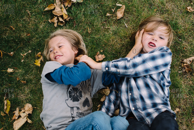 Overhead view of two brothers tussling on grass
