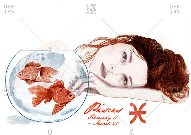 Redhead with a fish bowl and zodiac sign