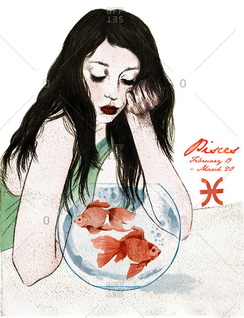 Woman with a fish bowl and zodiac sign