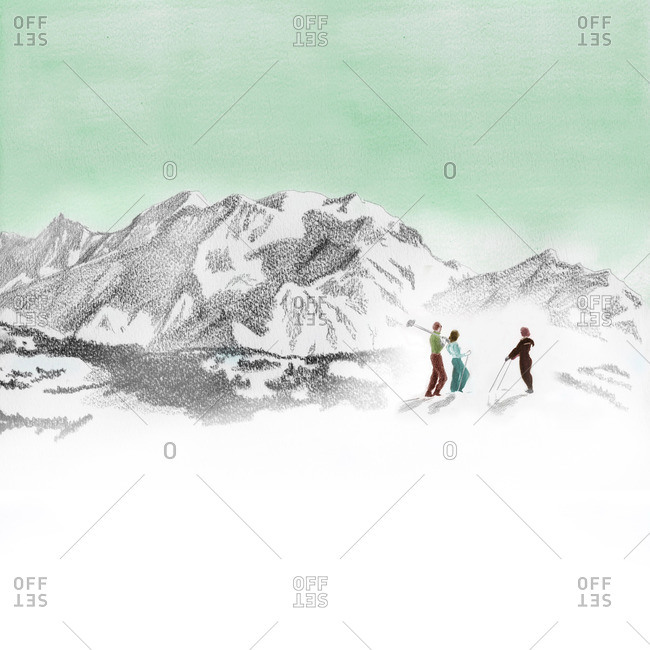 Group of skiers and mountains