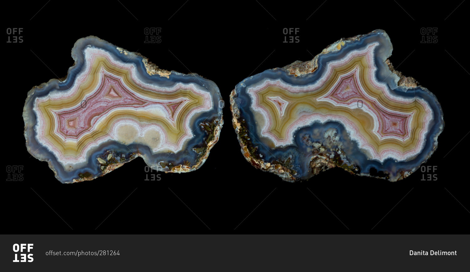 Piece of agate quartz cut in half, Quartzsite, Arizona, USA stock photo