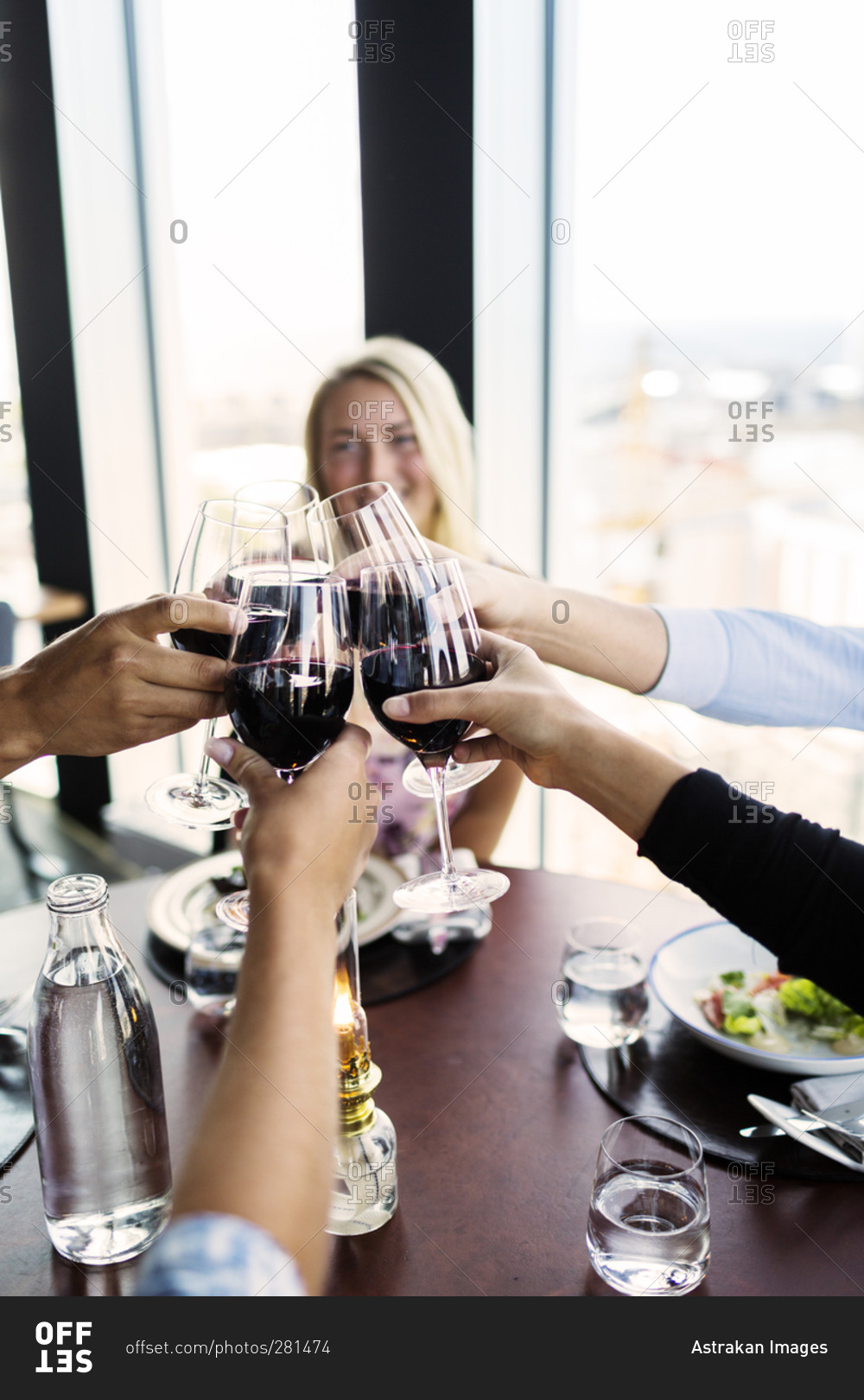 Group of adults toasting with wine at a restaurant