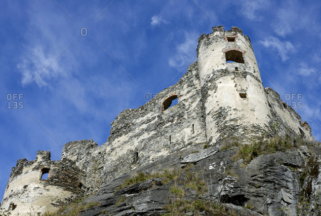 View to castle ruin Steinschloss from below, Styria