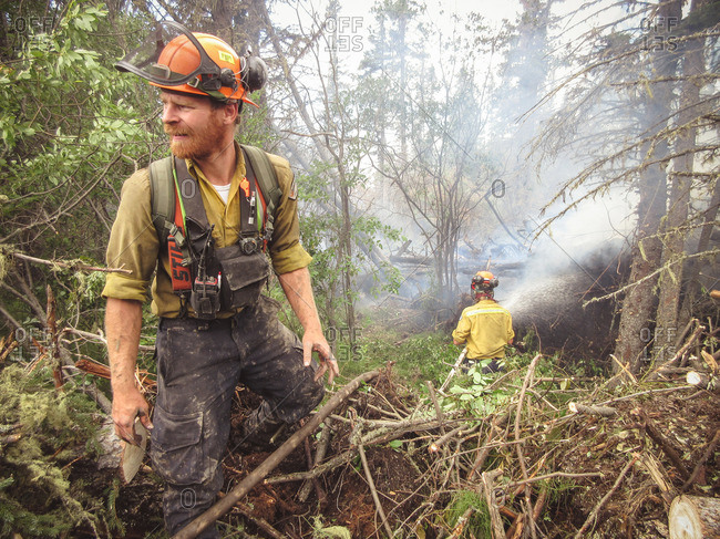 Alberta, British Colombia, Canada - July 13, 2015: Panorama Crew Services members walking through forest and hosing smoking fallen trees, Alberta, British Colombia, Canada