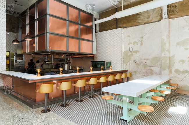 San Diego, CA - April 8, 2014: Interior of renovated warehouse turned into upscale seafood restaurant in Little Italy, San Diego