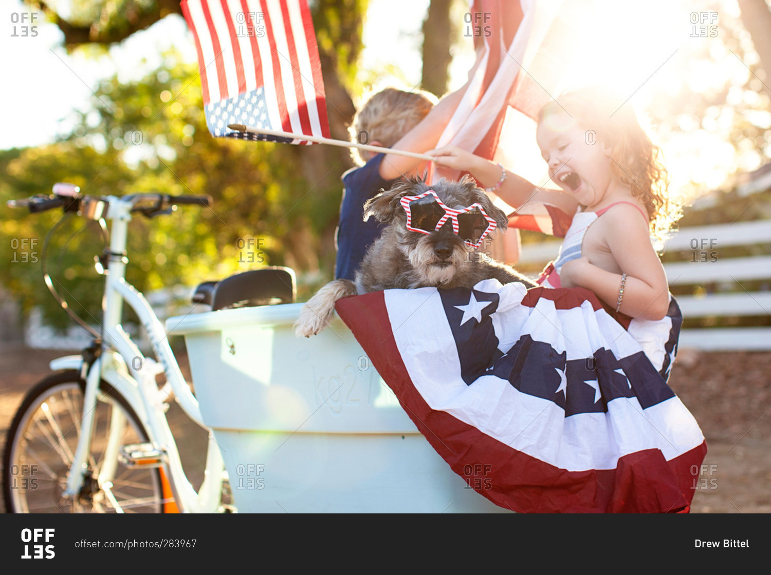 Boy and girl in basket of patriotic bike