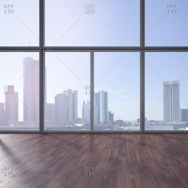 Empty room with wooden floor and view at skyline, 3D Rendering