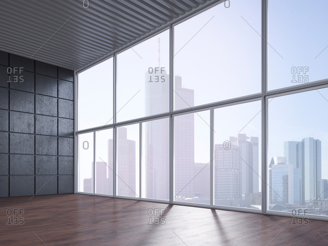 Empty room with wooden floor, concrete wall and view at skyline, 3D Rendering