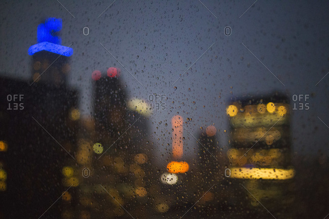 Night Time City View Through A Rainy Window Stock Photo Offset