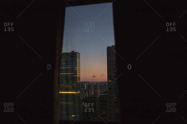 Sundown between two skyscrapers, New York, NY