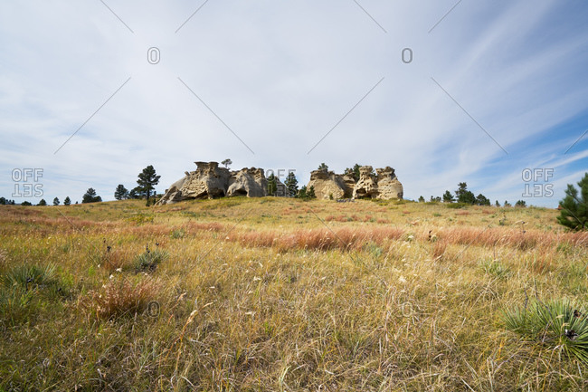Field with eroded rock formations