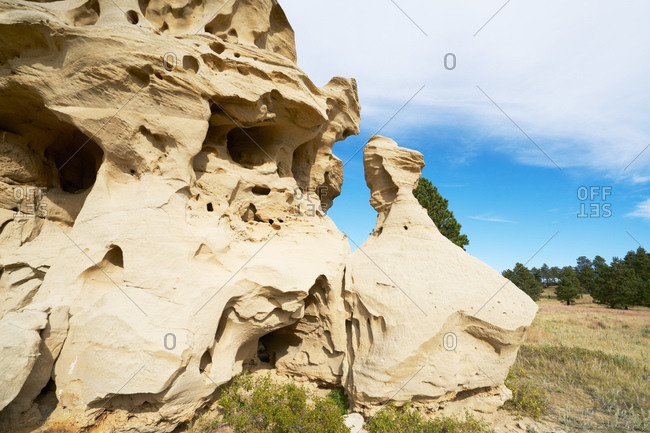 Eroded rock formations in a field