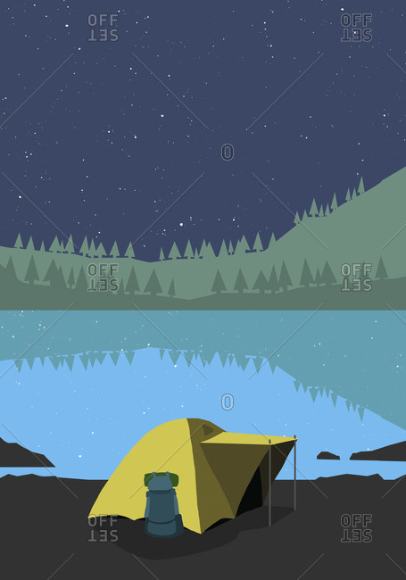 Illustration of tent at lakeshore during night